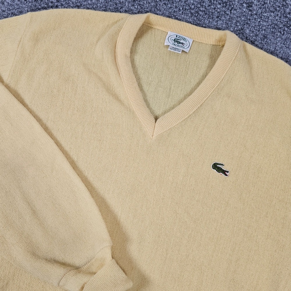 Vintage IZOD Lacoste Sweater V Neck Yellow 100% Orlon Acrylic Knit Classic read